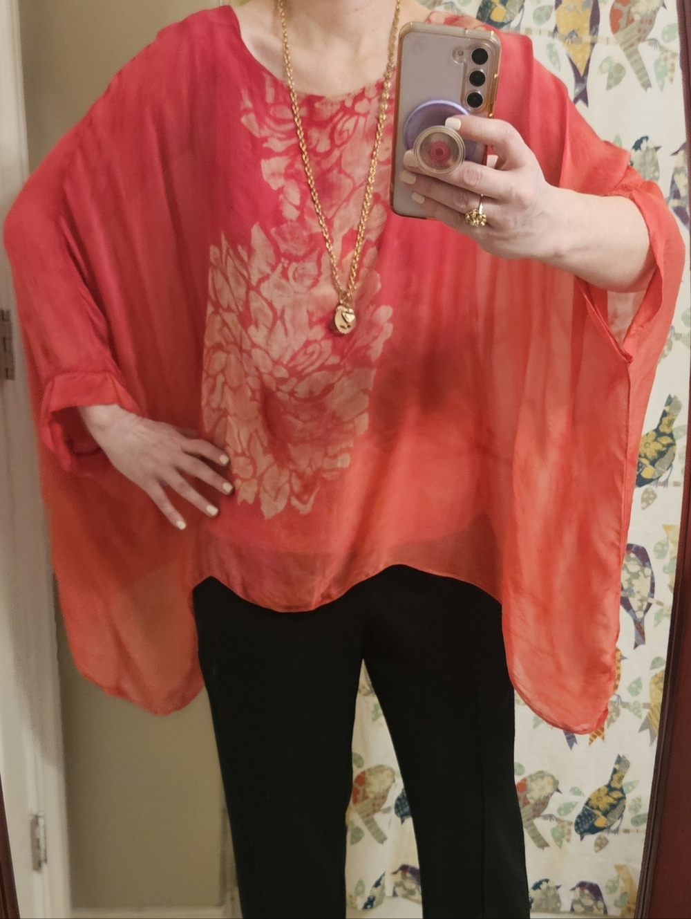 Hand Dyed Silk Batwing Tunic Top Coral Pink Floral Draped Boho Luxe Boutique